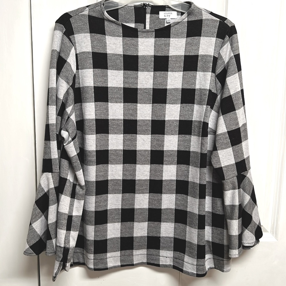 Crown & Ivy Black Gray Plaid Woven Bell Sleeve Top Size XXL